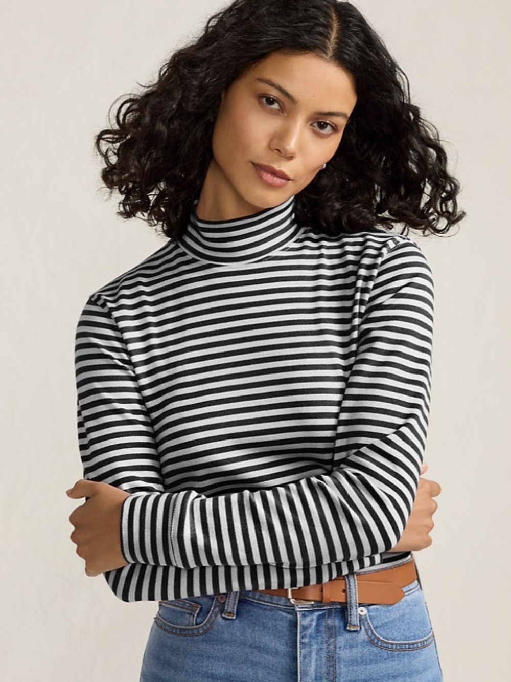 Lands' End Black & White Striped Mock Neck Top